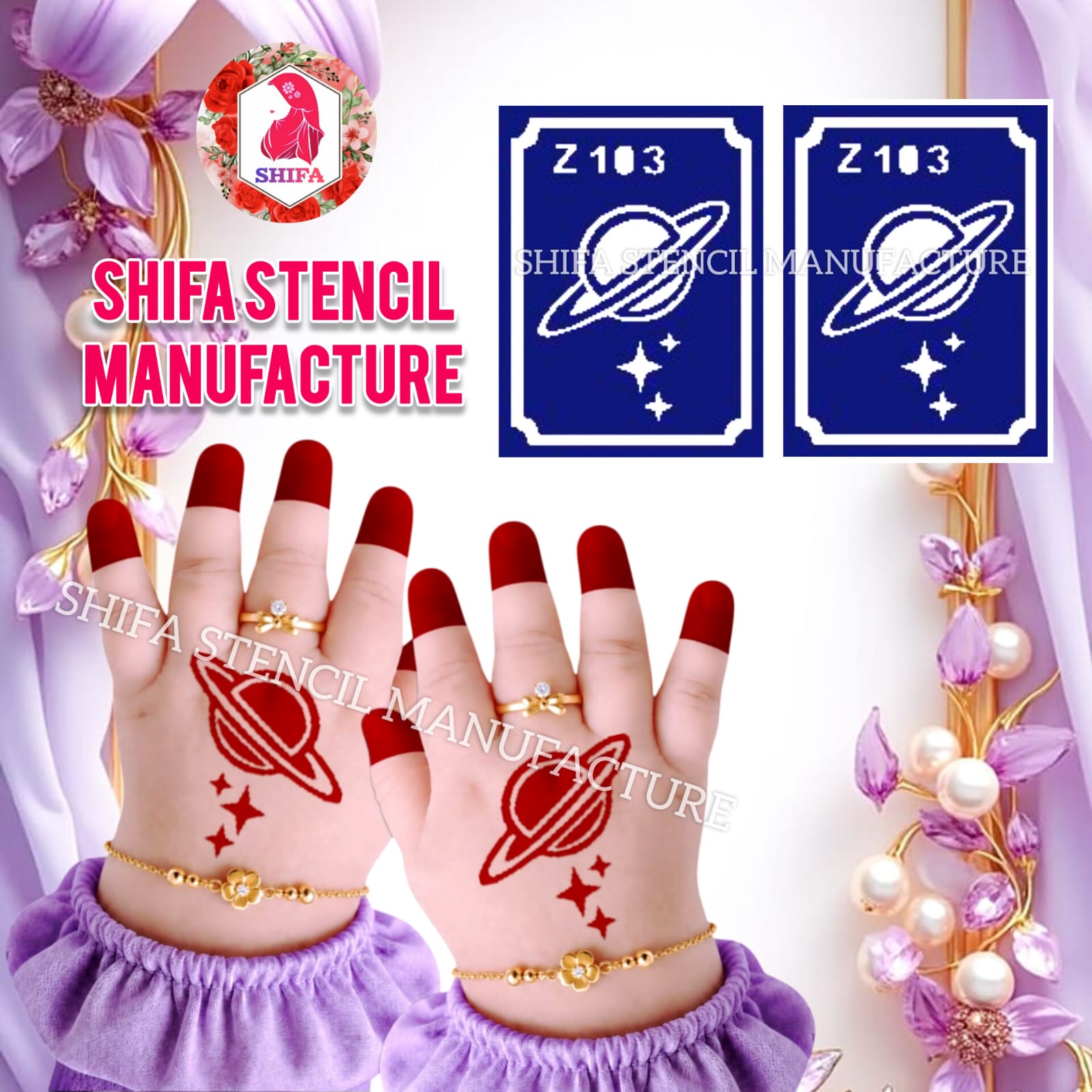 Z 103 Cosmic Saturn Sticker overview Henna Stencil - Shifa Stencil
